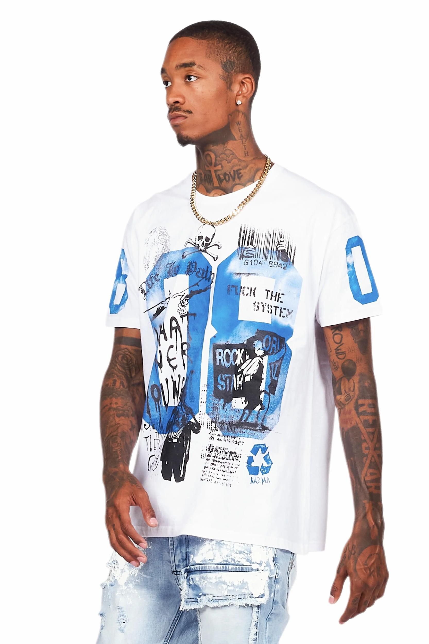 Grill White/Blue Graphic Oversized T-Shirt Male Product Image