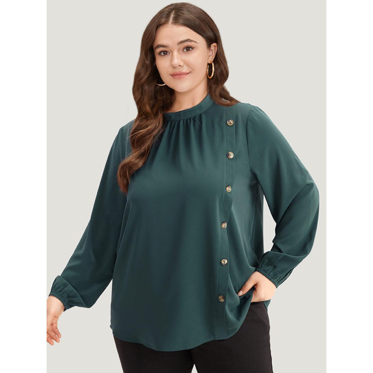 Plus Size Cyan Anti-Wrinkle Asymmetrical Button Gathered Blouse Women Office Long Sleeve Round Neck Work Blouses BloomChic 18-20/2X Product Image