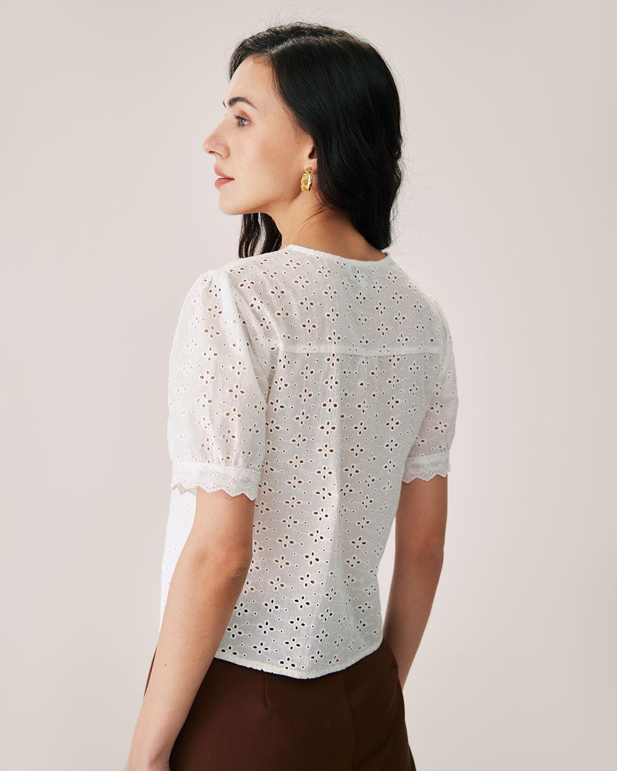 White Embroidery Puffed Sleeve Blouse Product Image