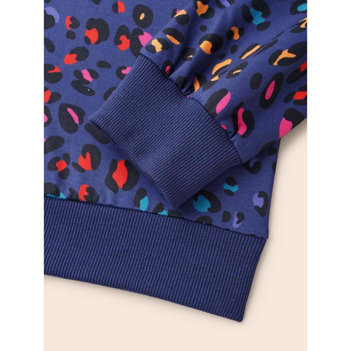 Plus Size Round Neck Color Leopard Print Sweatshirt Women Indigo Casual Contrast Round Neck Everyday Sweatshirts BloomChic 14-16/1X Product Image
