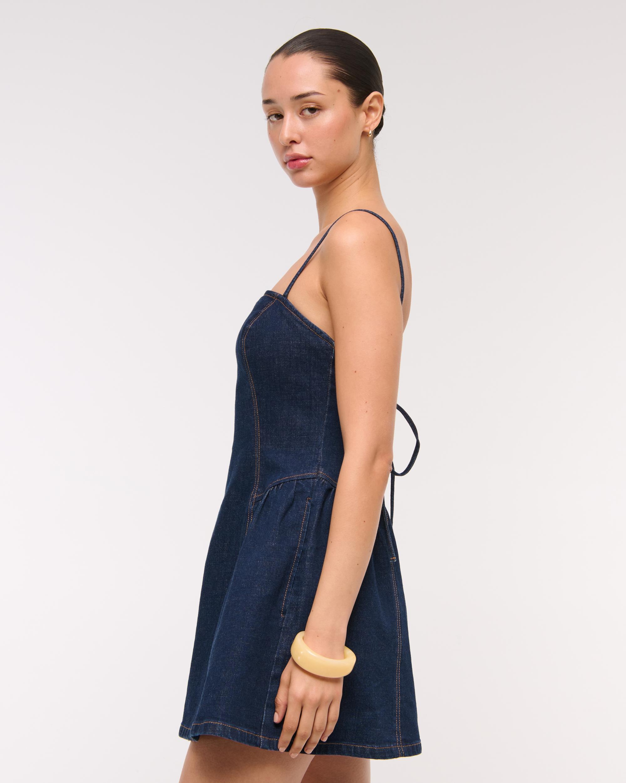 Dipped-Waist Denim Crossback Mini Dress Product Image