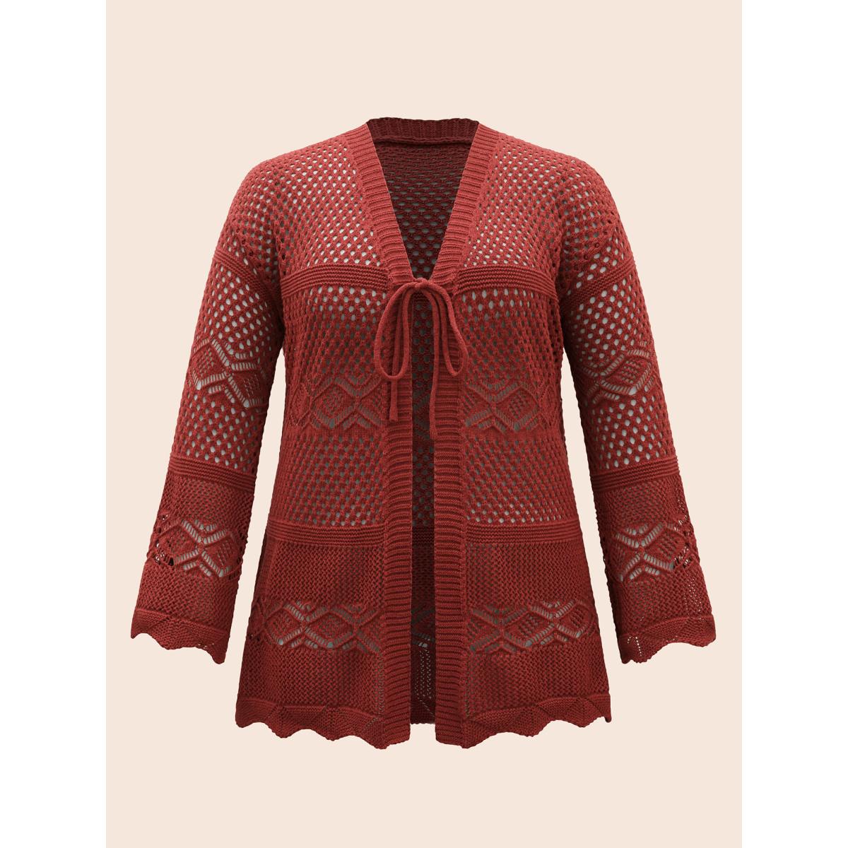 Plus Size Texture Tie Knot Bell Sleeve Cardigan Russet Women Casual Loose Three Quater Length Sleeve Everyday Cardigans BloomChic 28/5X Product Image