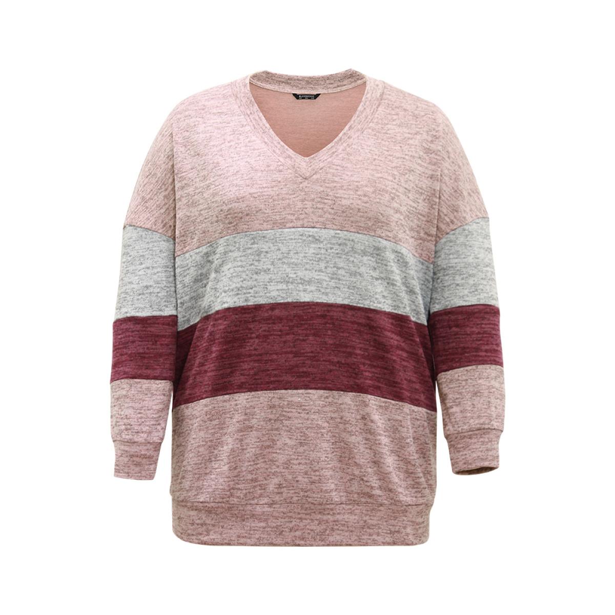 Plus Size Heather Colorblock Long Sleeve Sweatshirt Women Multicolor Casual Heather V-neck Dailywear Sweatshirts BloomChic 30/6X Product Image