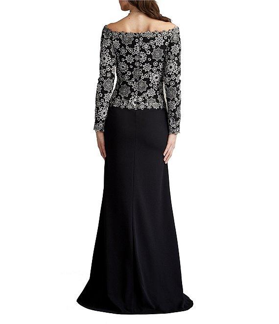 Tadashi Shoji Embroidered Lace Crepe Off The Shoulder Long Sleeve Gown Product Image