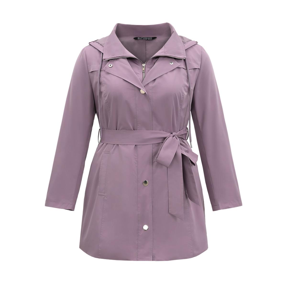 Plus Size Hooded Belted Drawstring Zipper Coat Women Mauve Casual Plain Ladies Everyday Winter Coats BloomChic 28/5X Product Image