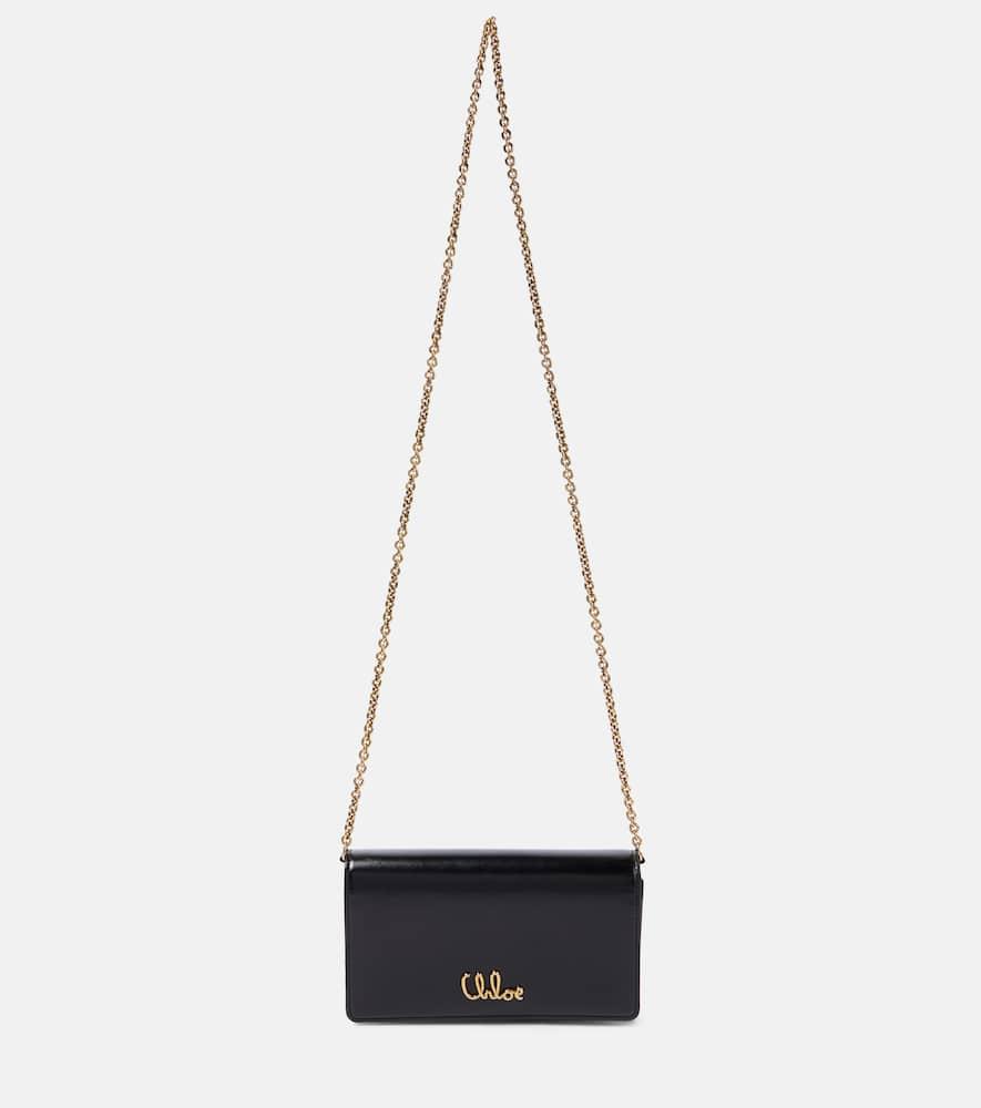 CHLOÉ Iconic Flap Wallet On Chain In Shiny Calfskin In Black Product Image