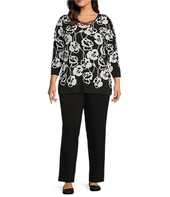 Allison Daley Plus Size Floral Print 3/4 Sleeve Criss Cross V-Neck Knit Top Product Image