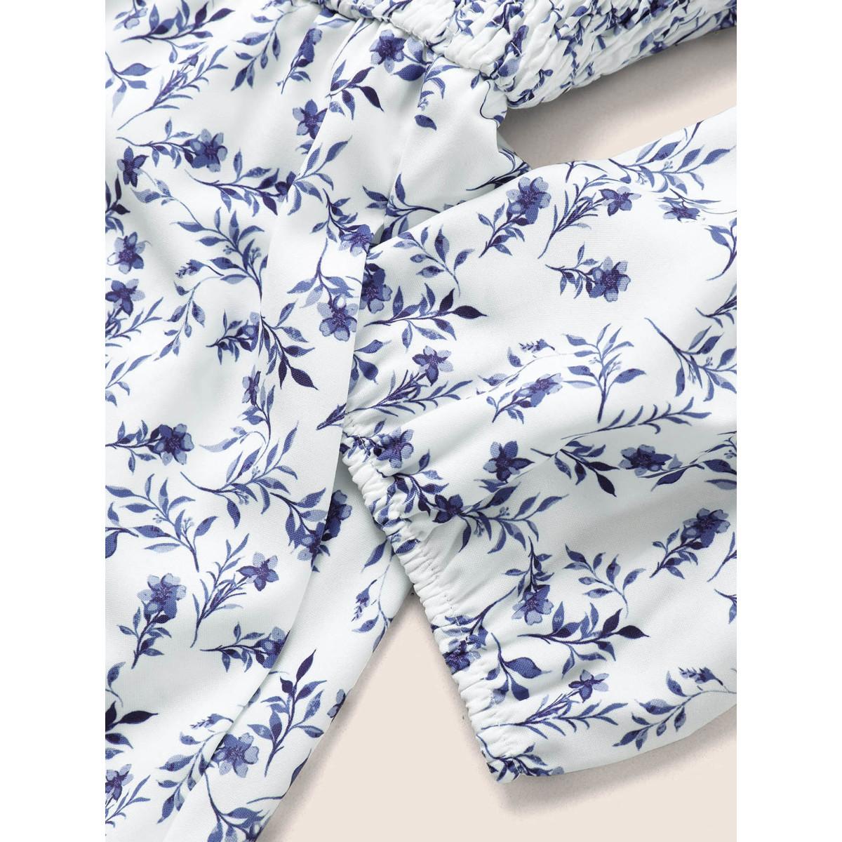 Plus Size Ditsy Floral Square Neck Shirred Lantern Sleeve Dress White Women Elegant Non Square Neck Elbow-length sleeve Curvy Midi Dress BloomChic 22-24/3X Product Image