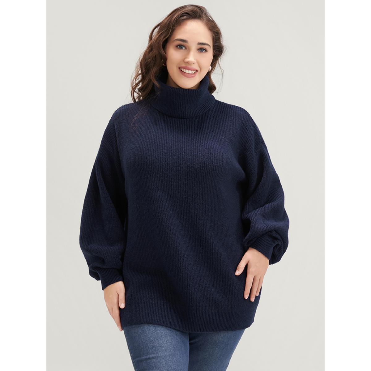 Plus Size Solid Rib Knit Lantern Sleeve Funnel Neck Sweater Midnight Women Elegant Loose Long Sleeve Turtleneck Dailywear Pullovers BloomChic 18-20/2X Product Image