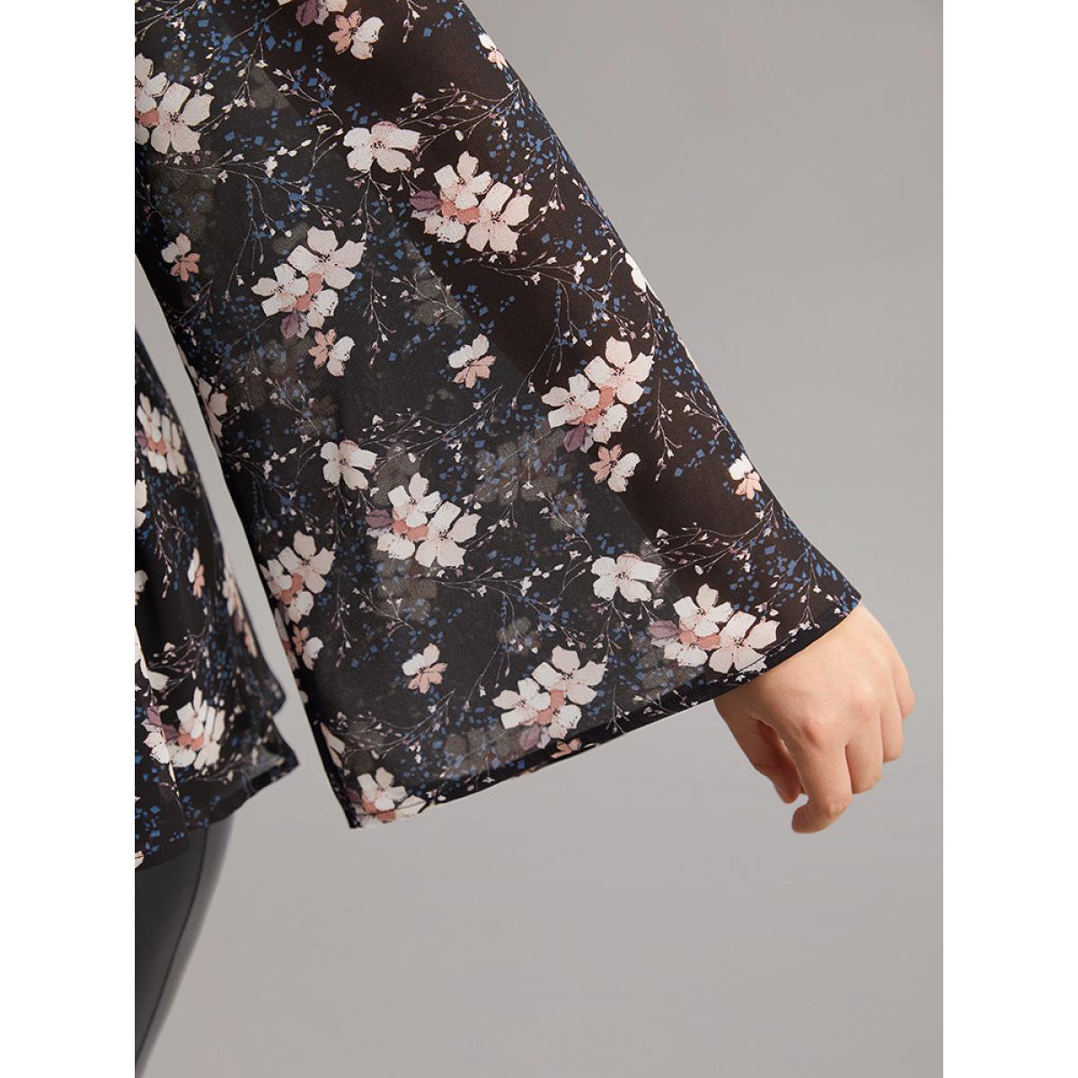 Plus Size BlackFlower Ditsy Floral Ties Ruffles Elastic Waist Blouse Women Elegant Long Sleeve V-neck Dailywear Blouses BloomChic 28/5X Product Image