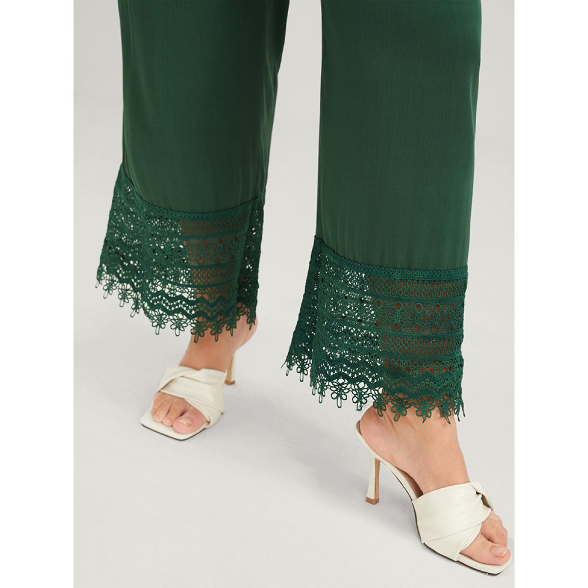 Plus Size Green Plain Pocket Button Lantern Sleeve Lace Hem Tie Jumpsuit Women Elegant Long Sleeve V-neck Dailywear Loose Jumpsuits BloomChic 18-20/2X Product Image