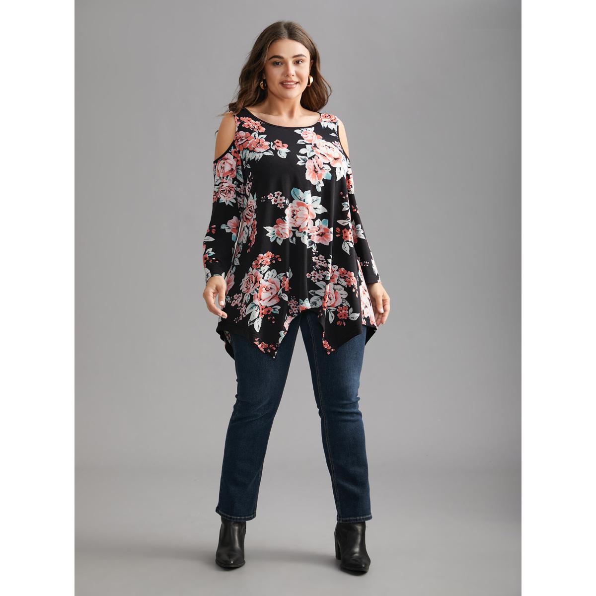 Plus Size Floral Print Shoulder Cut-Out T-shirt Black Women Elegant Contrast Natural Flowers Round Neck Loose Everyday T-shirts BloomChic 18-20/2X Product Image