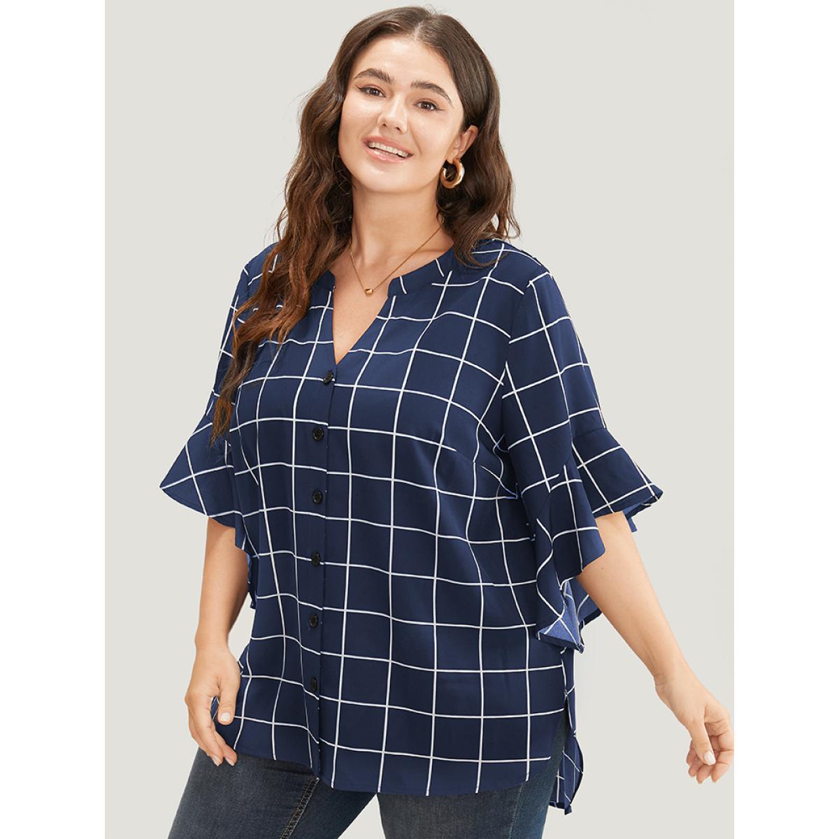 Plus Size Blue Plaid Notched Button Up Ruffle Sleeve Split Hem Blouse Women Office Elbow-length sleeve Notched collar Office Blouses BloomChic 10/M Product Image