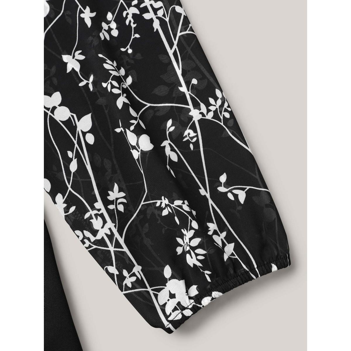 Plus Size Black Floral Patchwork Neck-Tie Blouse Women Elegant Extra Long Sleeve Ribbon-tied collar Everyday Blouses BloomChic 18-20/2X Product Image