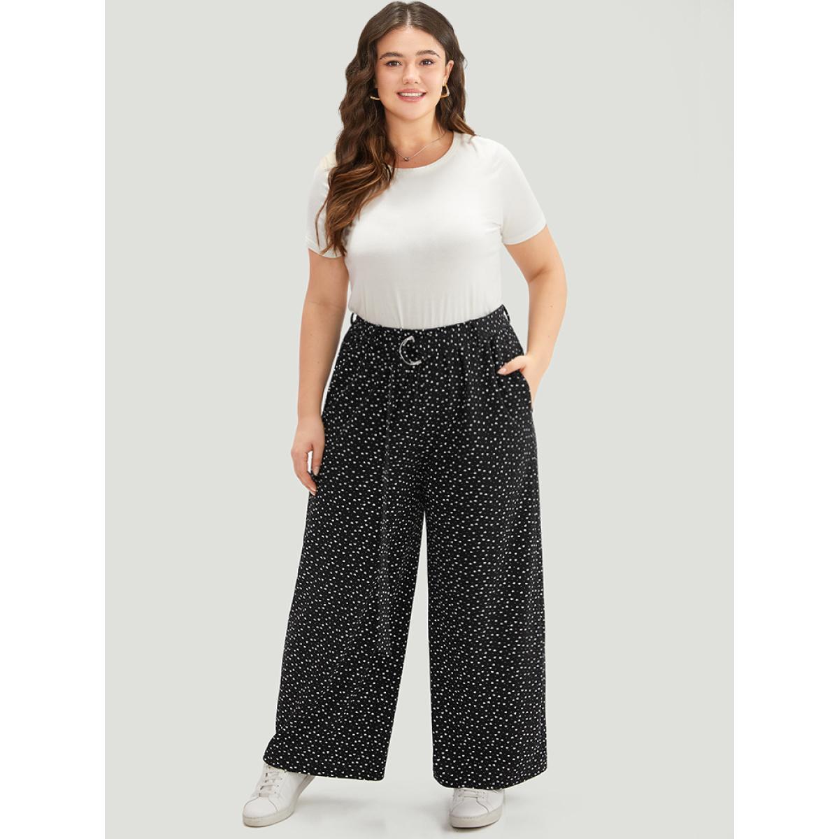 Plus Size Polka Dot Belted Metal Detail Pants Women Black Casual Wide Leg High Rise Dailywear Pants BloomChic 18-20/2X Product Image