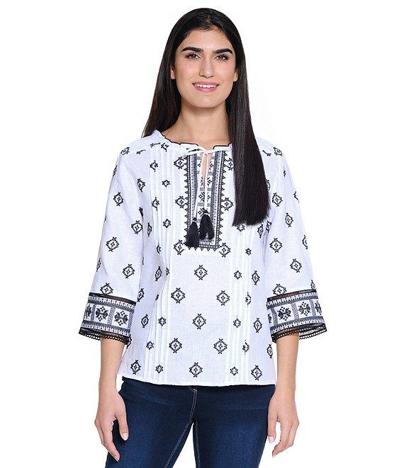 John Mark Allover Embroidered Split V-Neck 3/4 Sleeve Tassel Tie Tunic Product Image