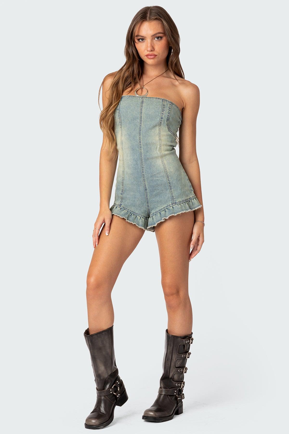 Winnie Washed Denim Romper Product Image