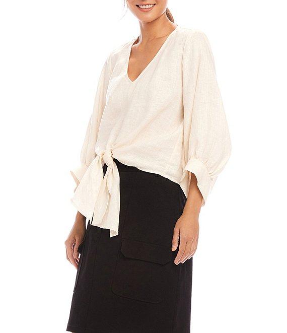 Karen Kane Linen 3/4 Sleeve V-Neck Tie Front Blouse Product Image