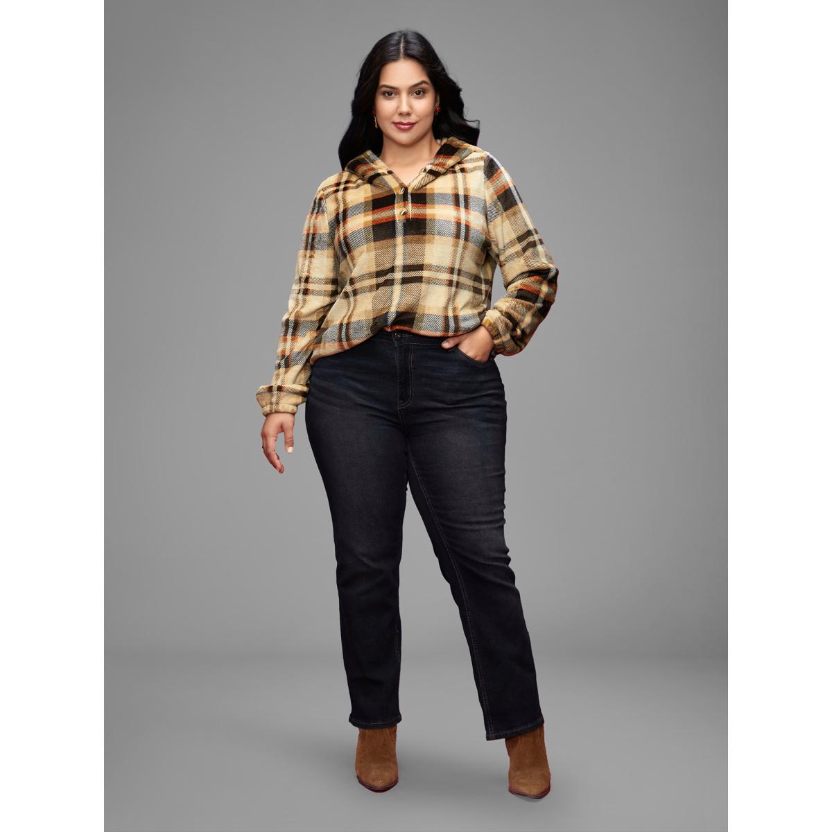 Plus Size Fuzzy Pullover Plaid Hoodie Women Multicolor Casual Button Loose Hooded Everyday Sweatshirts BloomChic 30/6X Product Image