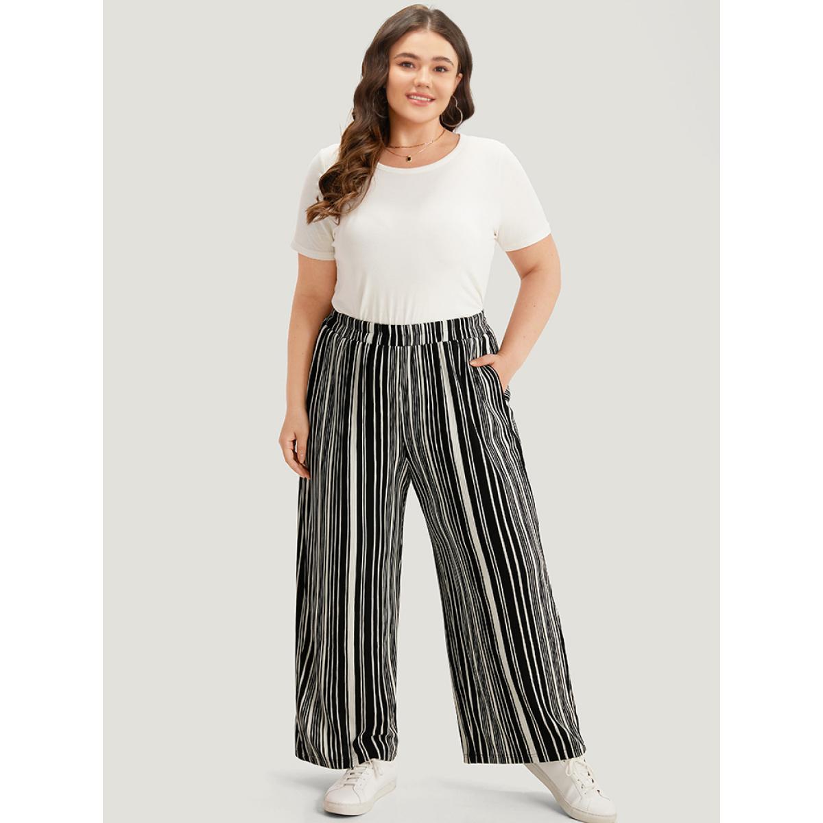 Plus Size Striped Elastic Waist Pocket Loose Pants Women Black Casual Wide Leg High Rise Dailywear Pants BloomChic 30/6X Product Image