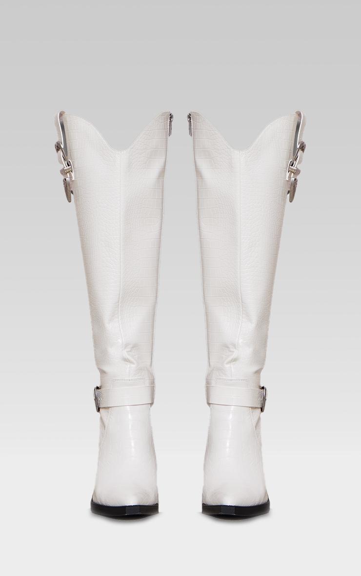 White Croc PU Point Toe High Block Heel Knee High Western Boots Product Image