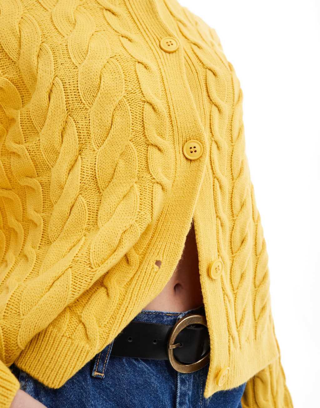 Miss Selfridge chunky heavy weight cable knit cardigan in mustard Product Image