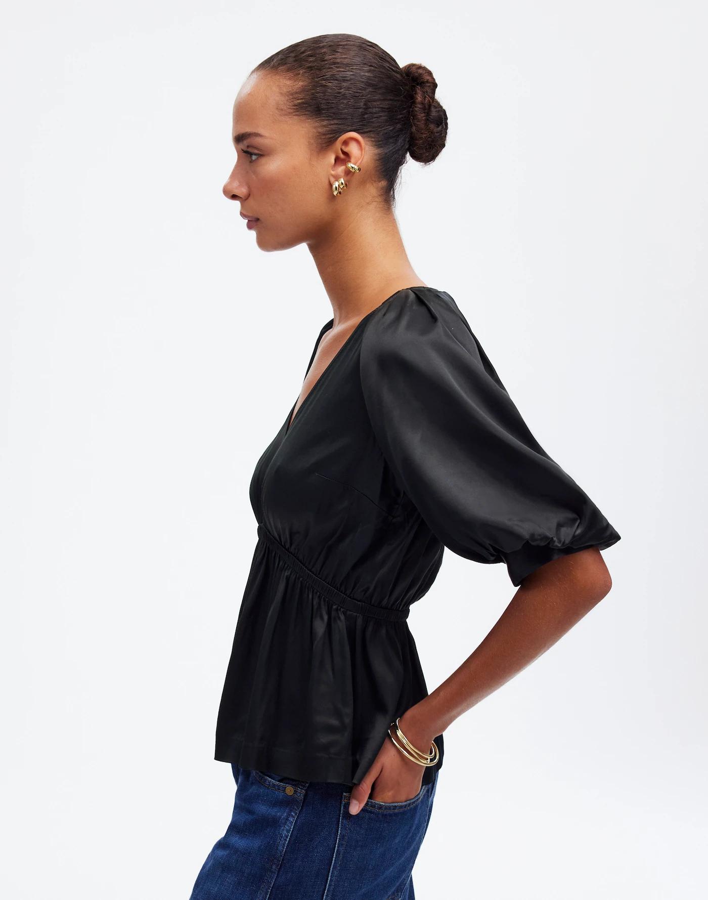 Shirred Puff-Sleeve Top in Satin Product Image