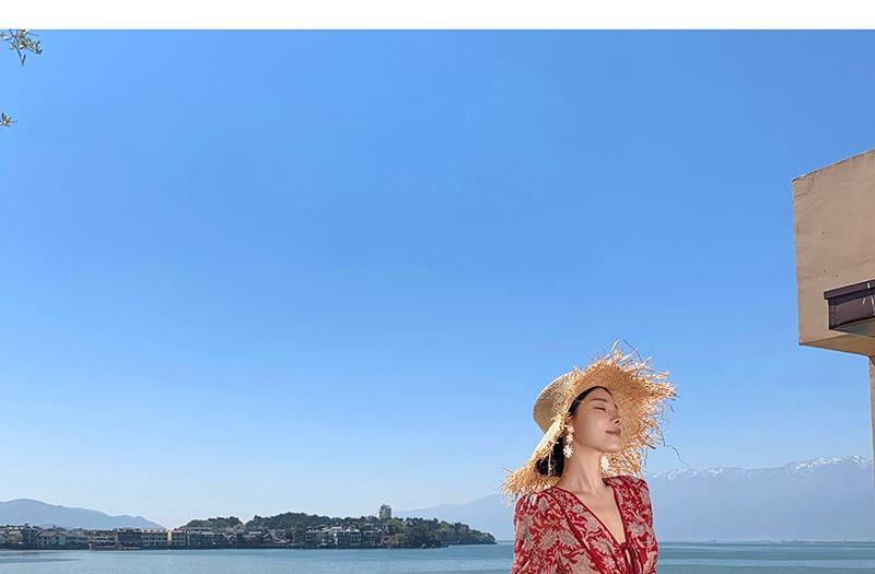 Long-Sleeve V-Neck Floral Print Tie Front Maxi A-Line Dress Product Image