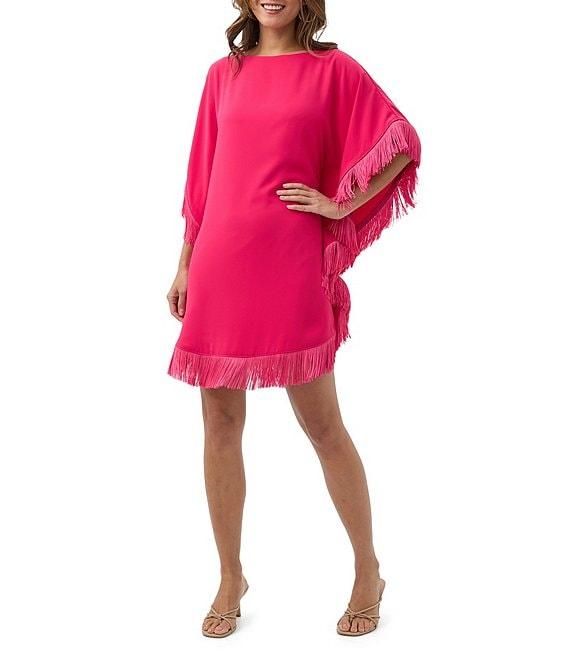 Trina Turk Neena Georgette Boat Neck Short Dolman Sleeve Fringe Caftan Mini Dress Product Image