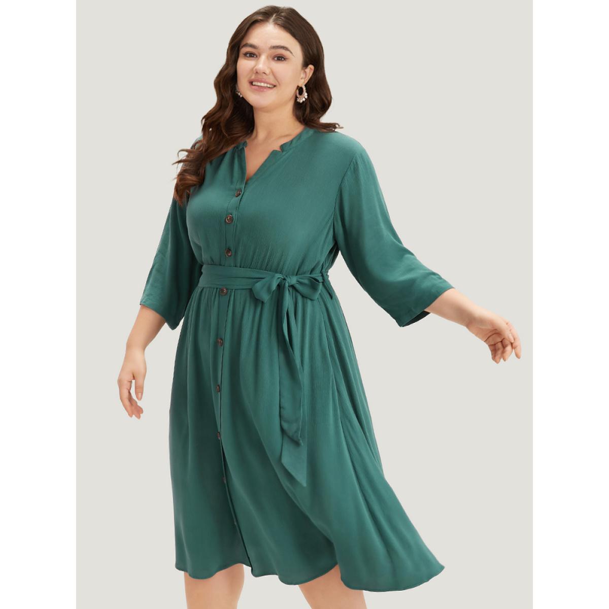 Plus Size Solid Button Detail Pocket Belted Notched Dress Emerald Women Office Plain Notched collar Elbow-length sleeve Curvy Midi Dress BloomChic 28/5X Product Image