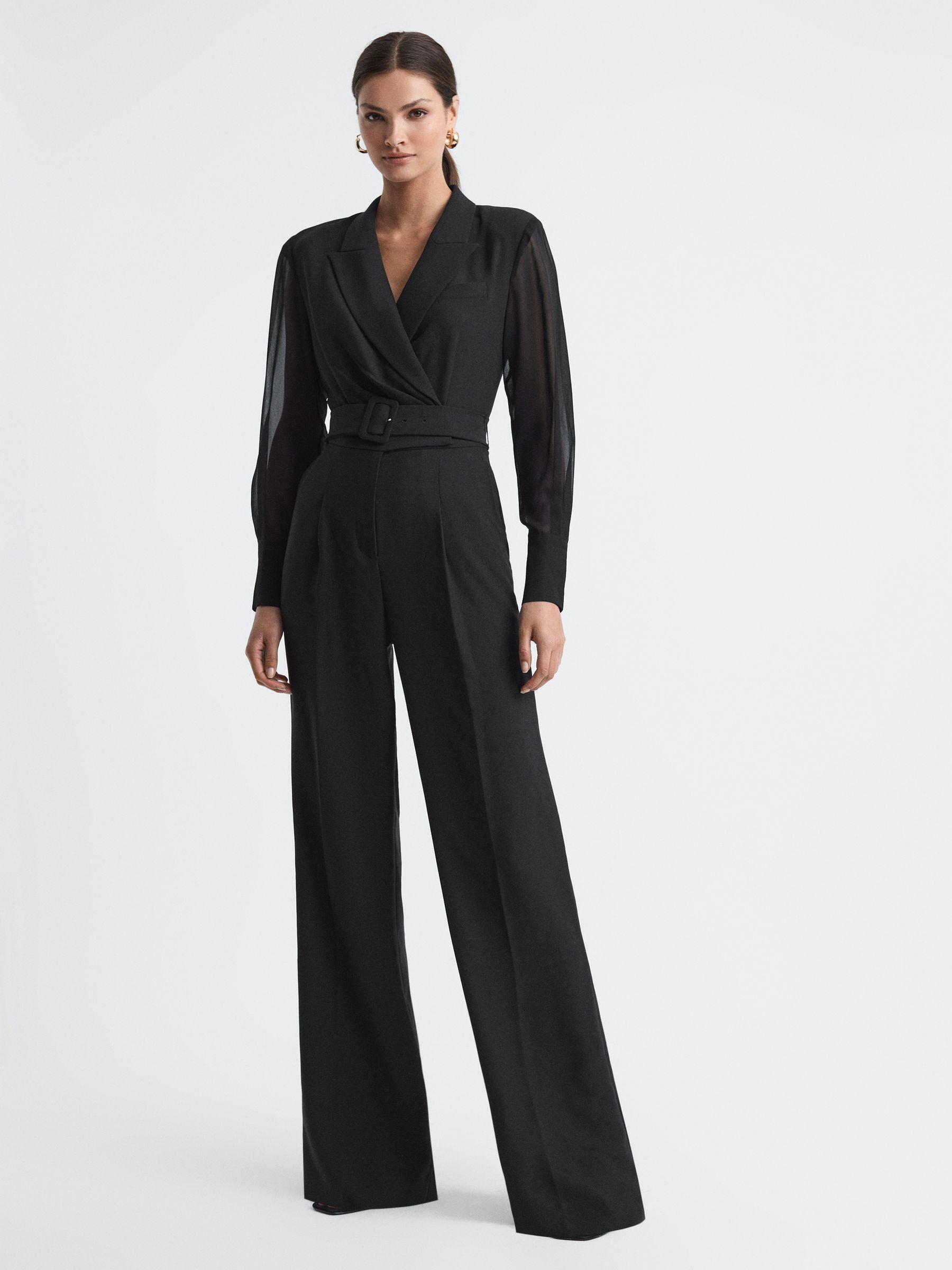 Petite Sheer Belted Double Breasted Jumpsuit in Black Product Image