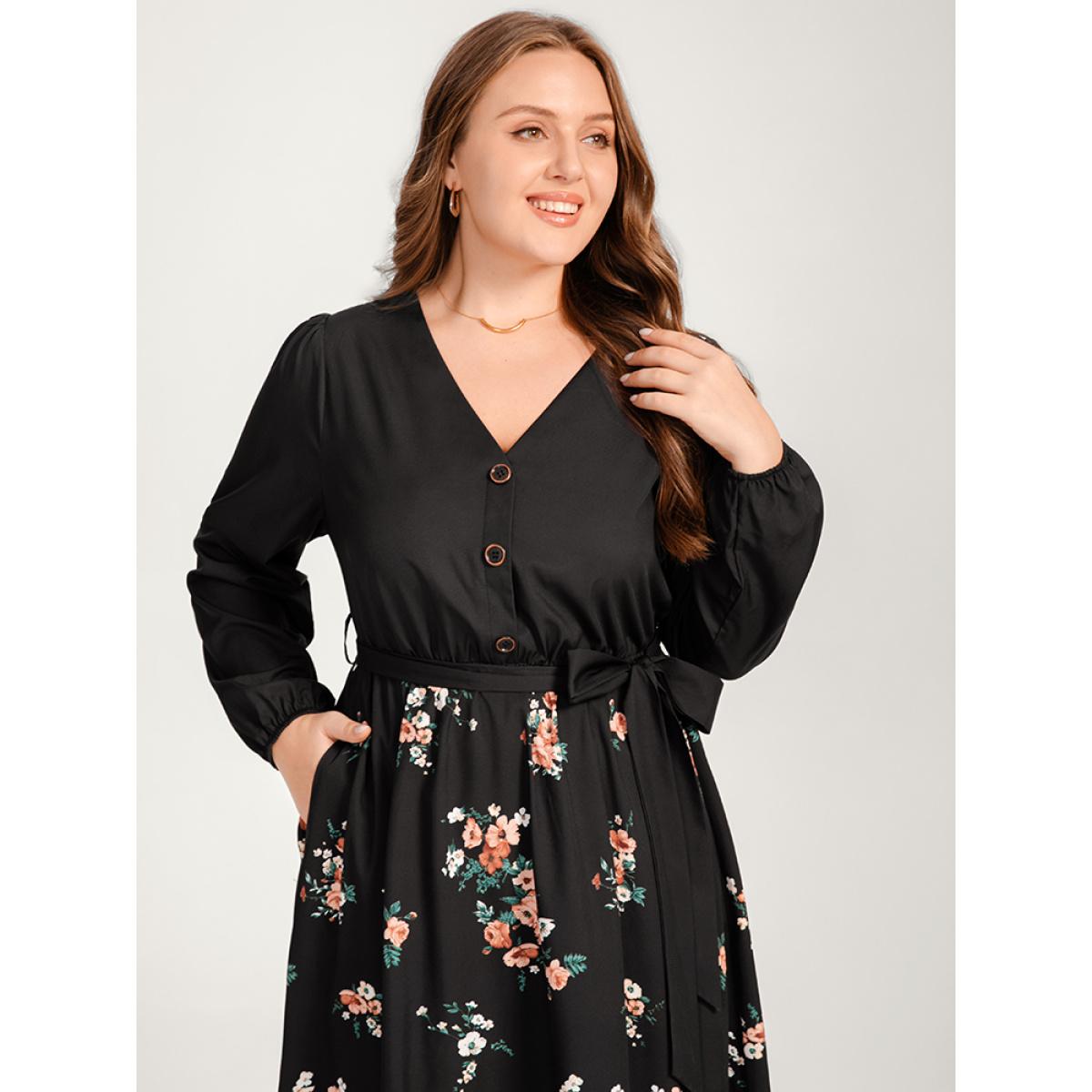 Plus Size Floral Lantern Sleeve Pocket Belted Wrap Flutter Dress Black Women Elegant Belted V-neck Long Sleeve Curvy Midi Dress BloomChic 22-24/3X Product Image