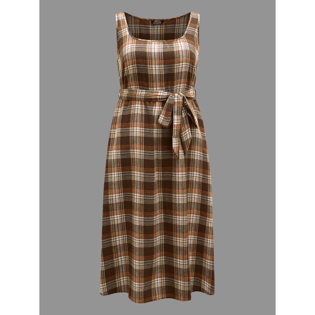 Plus Size Square Neck Plaid Belted Dress Browncoffeecolor Women Elegant Belted Square Neck Sleeveless Curvy BloomChic 14-16/1X Product Image