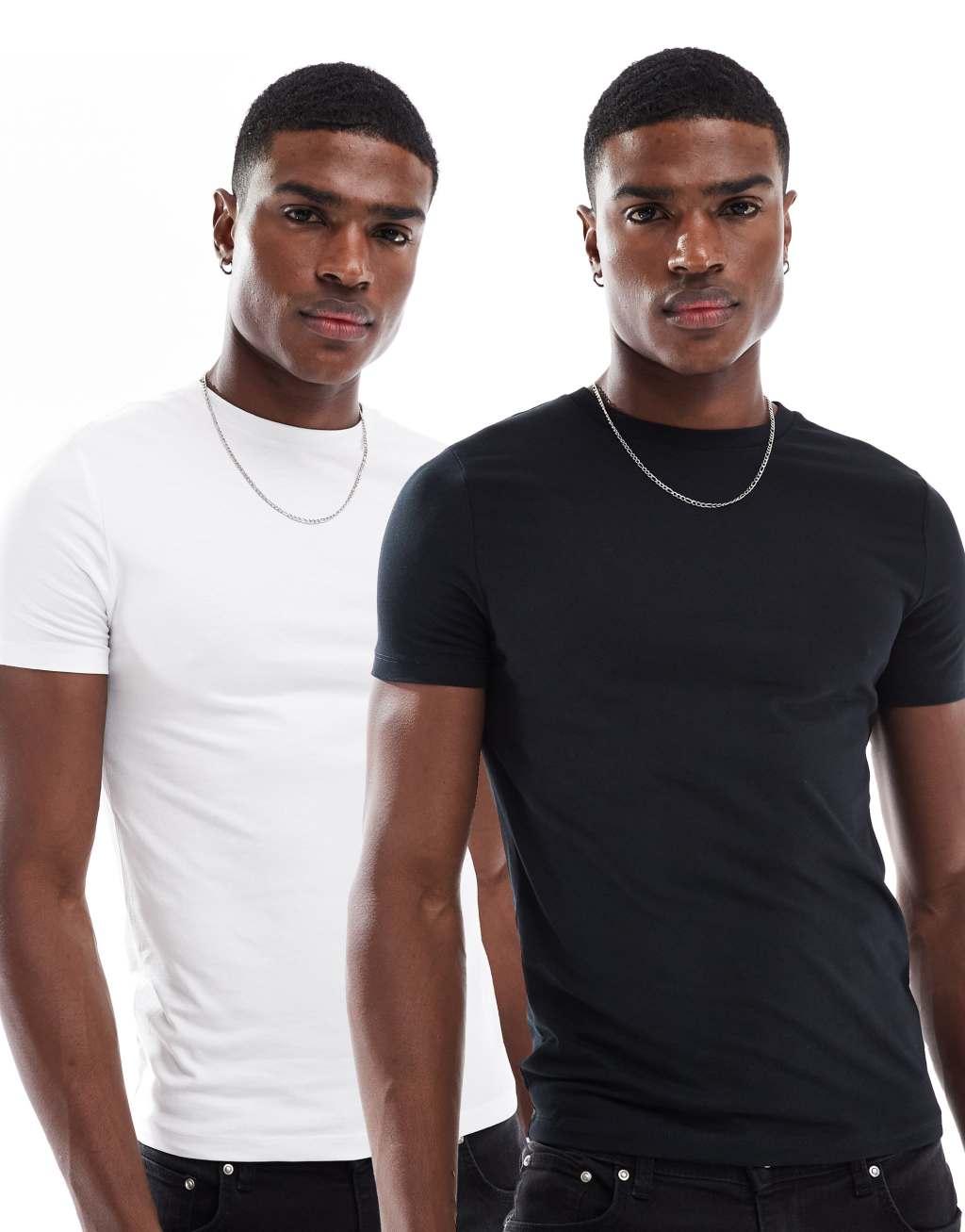 ASOS DESIGN essential 2 pack muscle fit t-shirts in black and white Product Image