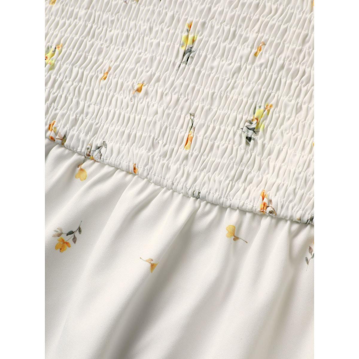 Plus Size Boho Print Ruffle Trim Shirred Tank Dress Lemonyellow Women Elegant Shirred Square Neck Sleeveless Curvy BloomChic 28/5X Product Image