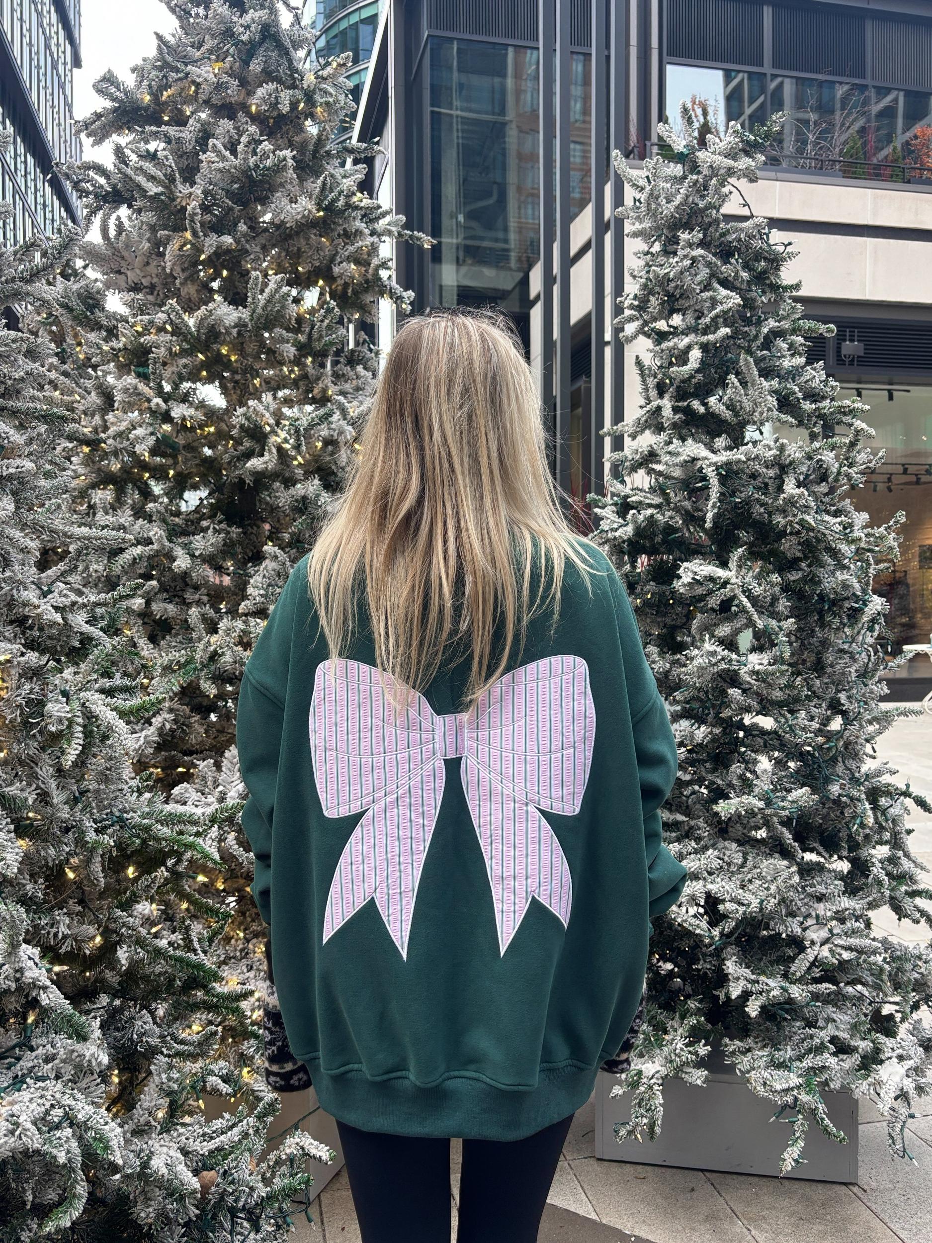 Winter Green Striped Bow Embroider Sweatshirt Product Image