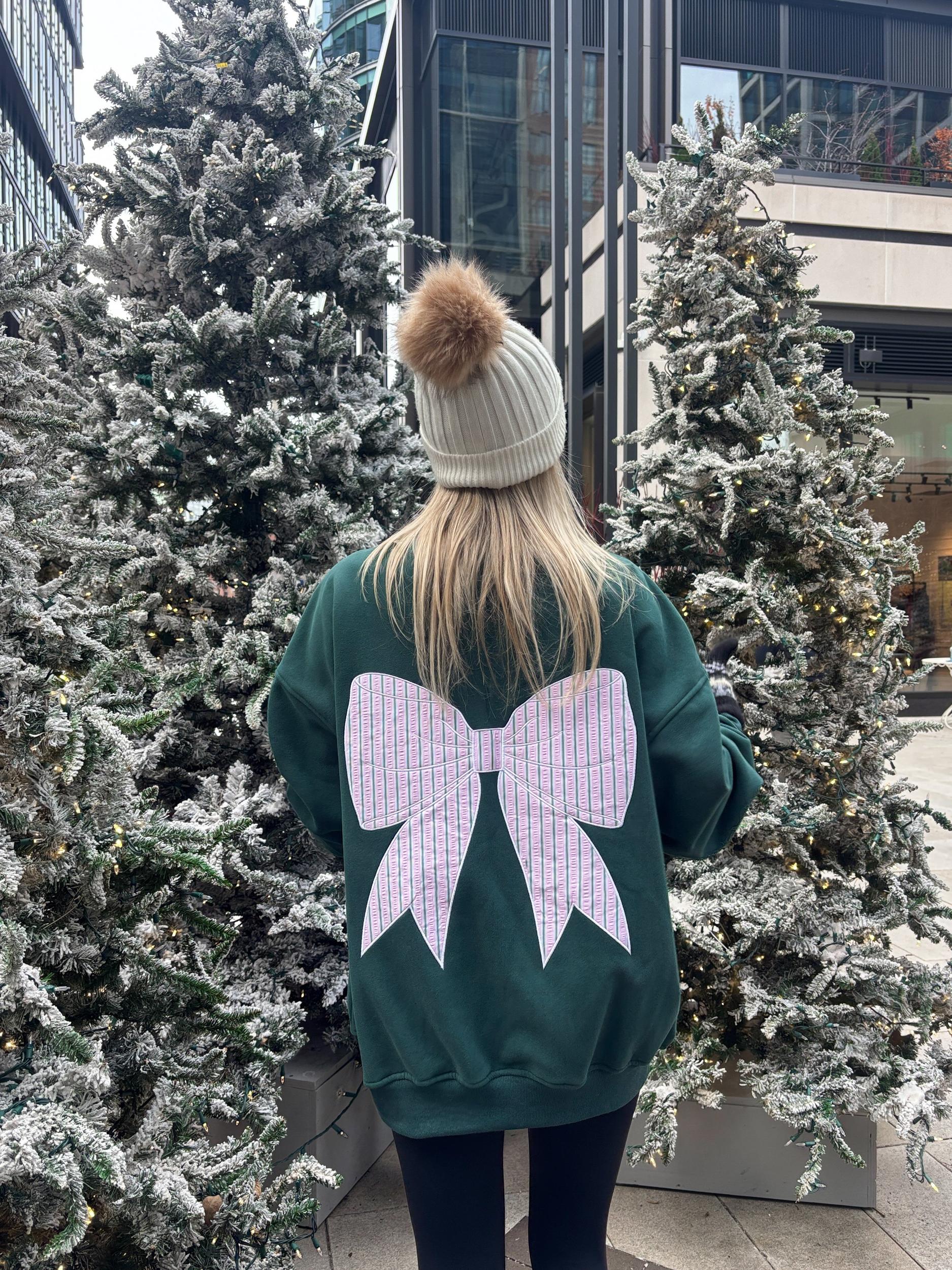 Winter Green Striped Bow Embroider Sweatshirt Product Image
