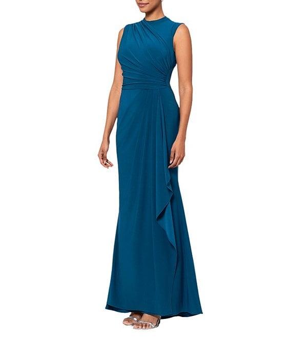 Betsy & Adam Ruched Mock Neck Sleeveless Gathered Pleat Gown Product Image