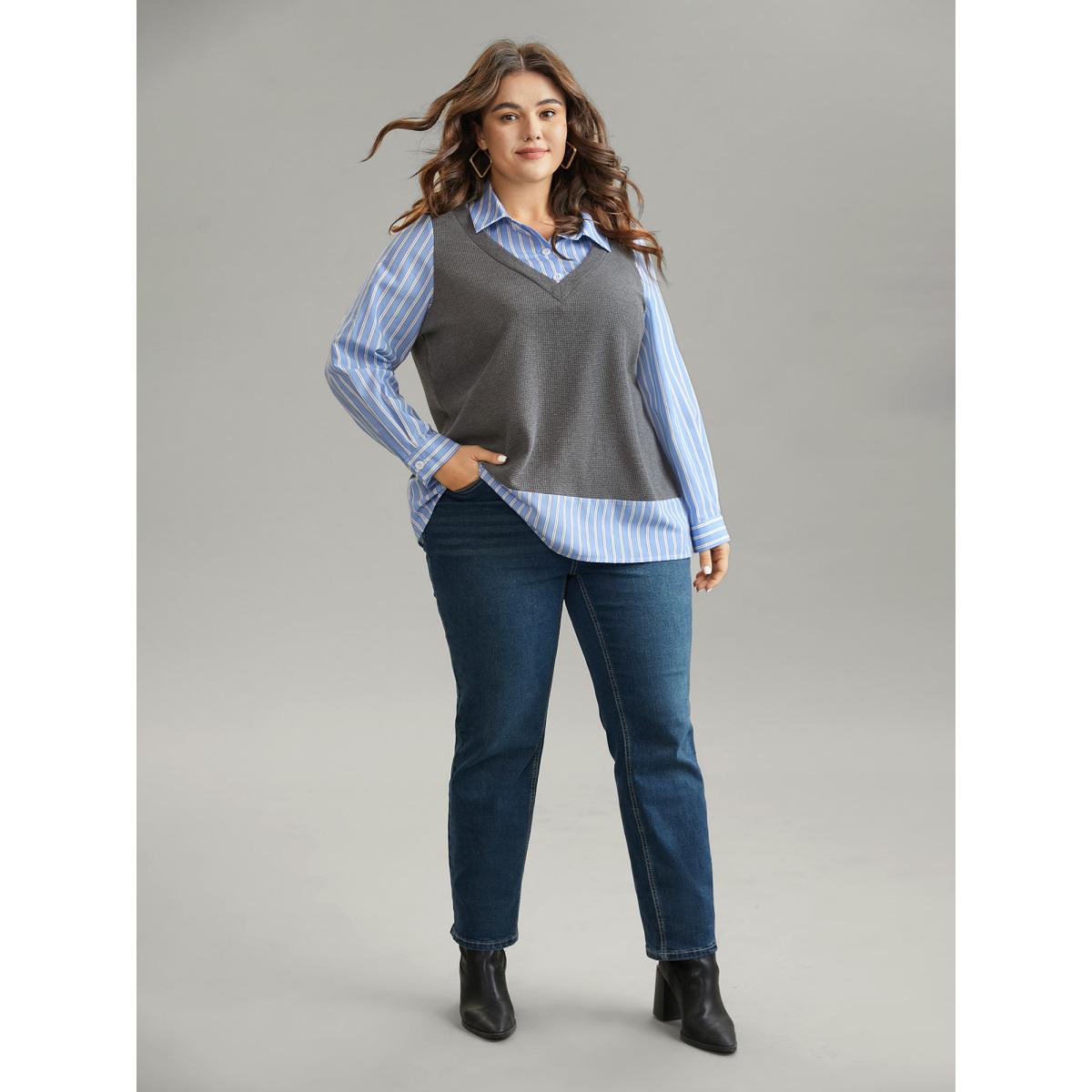 Plus Size 2-In-1 Striped Patchwork Waffle Knit Sweatshirt Women Gray Casual Waffle Knit Shirt collar Dailywear Sweatshirts BloomChic 22-24/3X Product Image