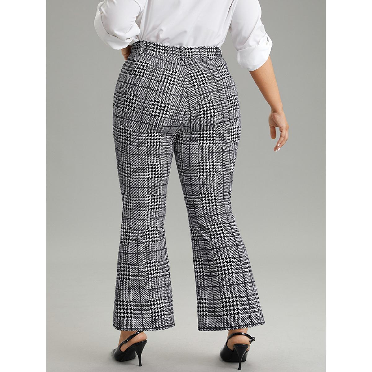Plus Size Houndstooth Pocket Flare Leg Zipper Fly Pants Women Black Office Flare Leg High Rise Office Pants BloomChic 18-20/2X Product Image