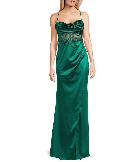 B. Darlin Spaghetti Strap Drape Neck Stones & Lace Up Back Dress Product Image