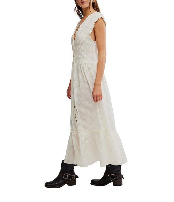 Free People Desert Dazed Ruffle V-Neck Cap Sleeve Tiered Hem Button-Front Midi Dress Product Image