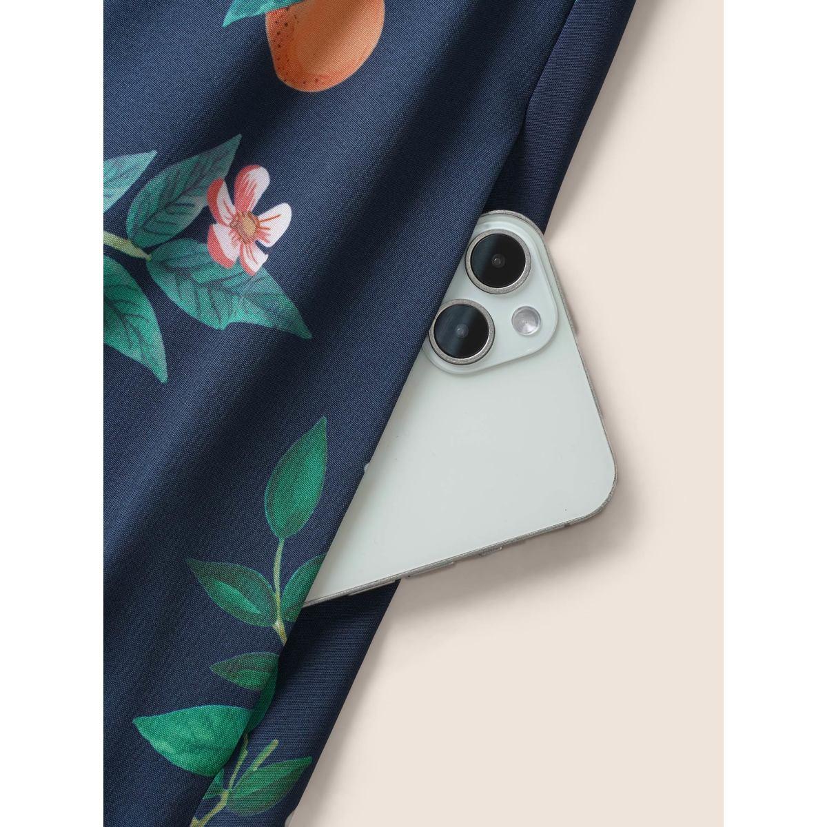 Plus Size Citrus Orange Print Square Neck Gathered Drawstring Dress Navy Women Elegant Tie knot Square Neck Half Sleeve Curvy Midi Dress BloomChic 14-16/1X Product Image