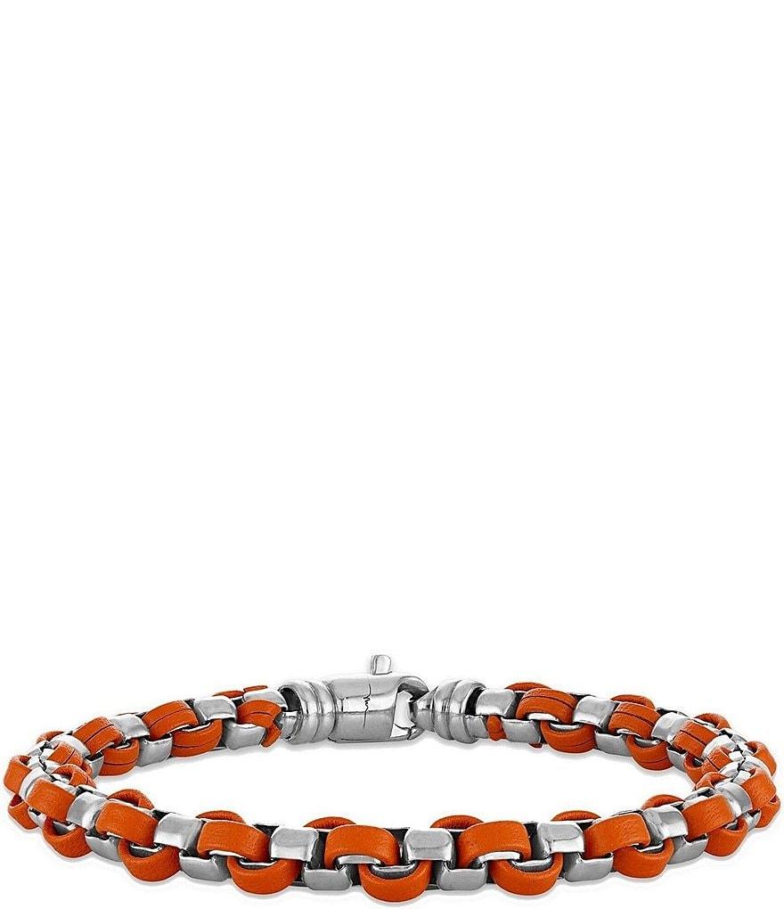 Bulova Men's Orange Leather & Sterling Silver Box Chain Line Bracelet Product Image