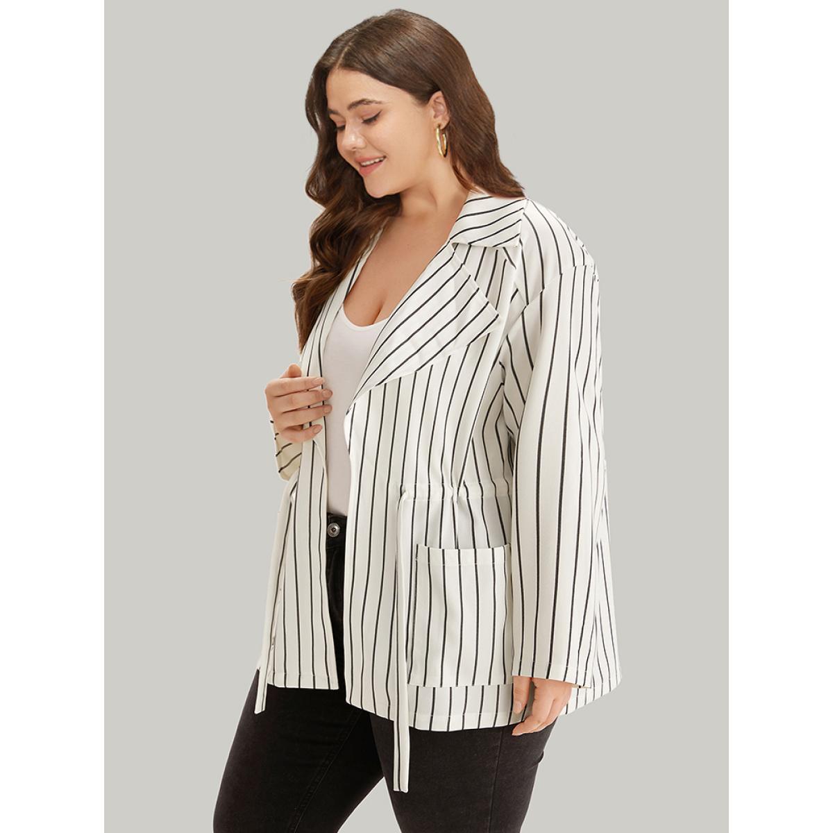 Plus Size Striped Suit Collar Drawstring Patched Pocket Coat Women White Casual Knotted Ladies Everyday Winter Coats BloomChic 14-16/1X Product Image