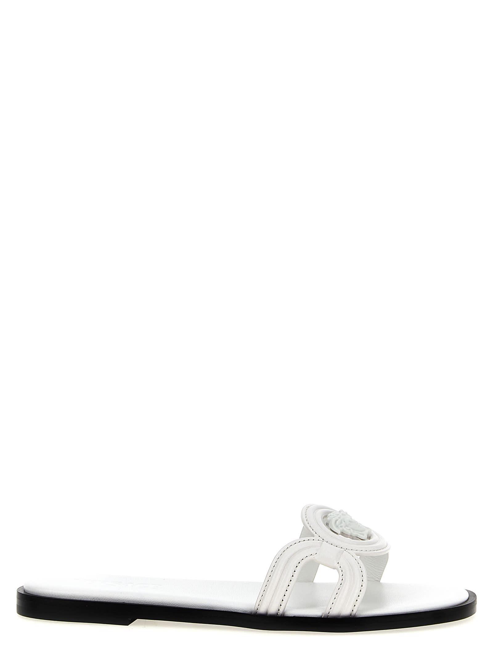 VERSACE Medusa Leather Flat Slide Sandals In White Product Image
