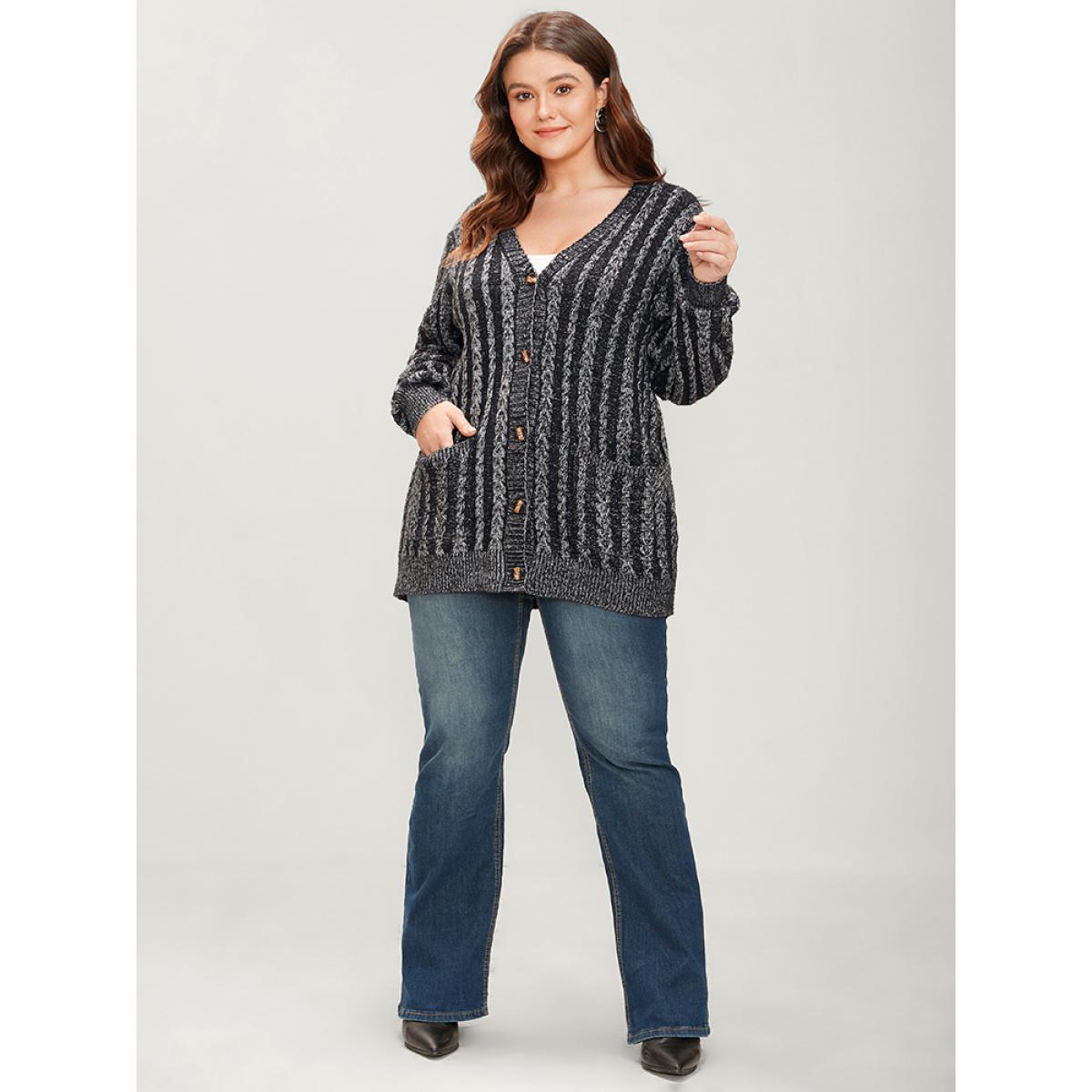 Plus Size Striped Contrast Pointelle Knit Pocket Button Front Heather Cardigan DimGray Women Casual Loose Long Sleeve Everyday Cardigans BloomChic 14-16/1X Product Image