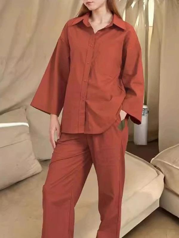 Loose Solid Color Split-Joint Long Sleeves Lapel Blouse + Pants Two Pieces Set Product Image