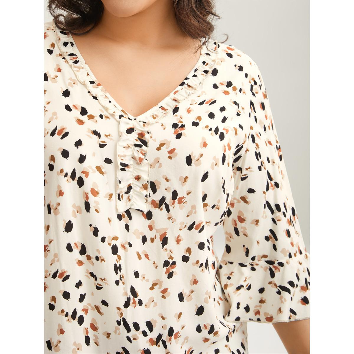 Plus Size Ivory Leopard Print Ruffled Detail Shirt Women Elegant Elbow-length sleeve V-neck Everyday Blouses BloomChic 10/M Product Image