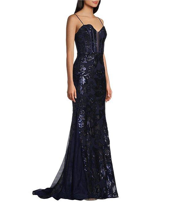 B. Darlin Sequin Pattern Sweetheart Neck Spaghetti Strap Mesh Godet Dress Product Image